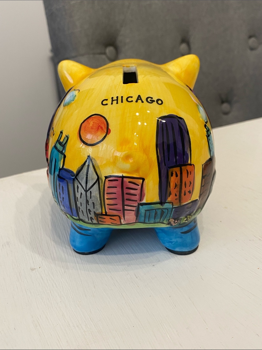 Vintage Ceramic Hand-Painted Yellow Chicago Cityscape Skyline Piggy Bank - Picture 5 of 16